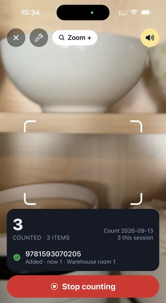 Scanlog counting into a stock count: a running total of 3, the last code added, and a stop button.
