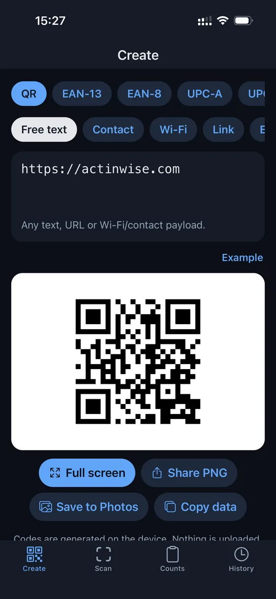 The Create tab in Scanlog generating a QR code from a typed web address.
