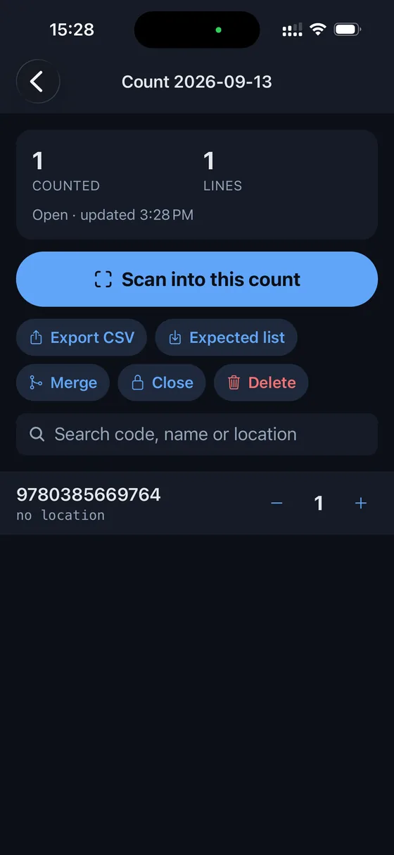 A count in Scanlog with totals, export, expected-list, merge and close actions, and a counted line with quantity steppers.